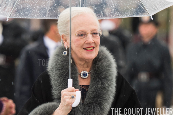 Queen Margrethe II of Denmark wears sapphire and diamond jewels